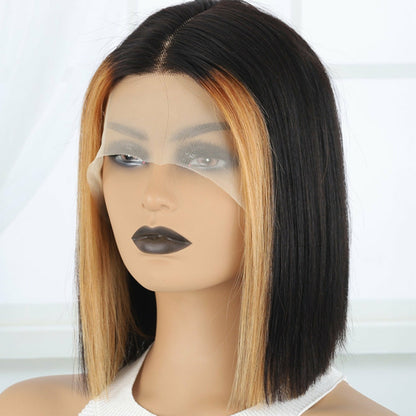 13*4*1 Lace Front Highlight Short Straight Human Hair Wig,  Fading To