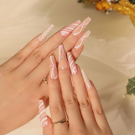 24Pcs Extre Long Press On Nails Transparent Pink & White Stripes