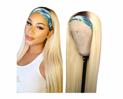 Straight 1B/613 Headband Human Hair Wigs For Black Women Blonde Scarf