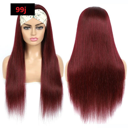 Burgundy Headband Straight Human Hair Wig #99J  Scarf Wig No GLUE Easy