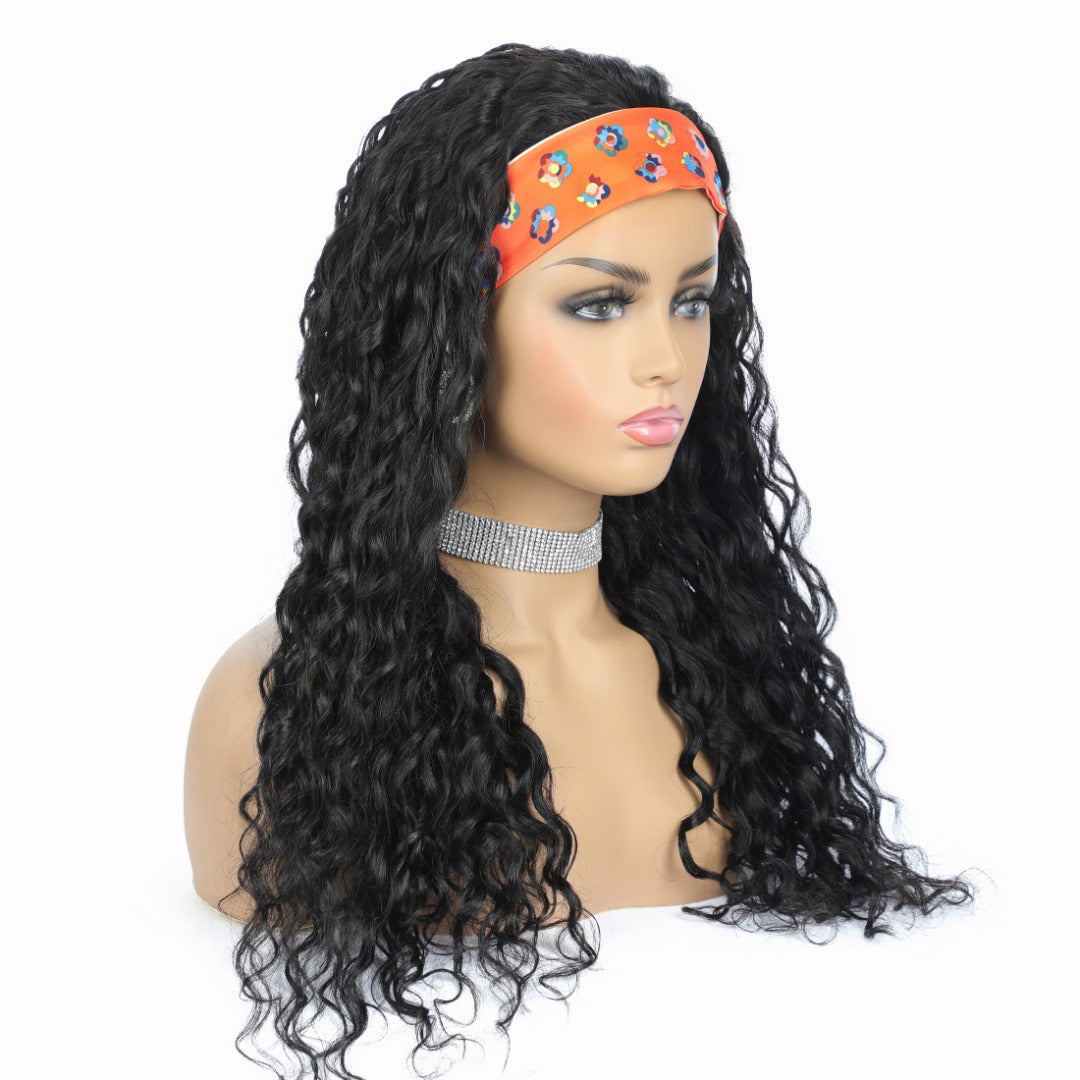 Headband Wig Water Wave Human Hair Scarf Wig No GLUE Easy Wear