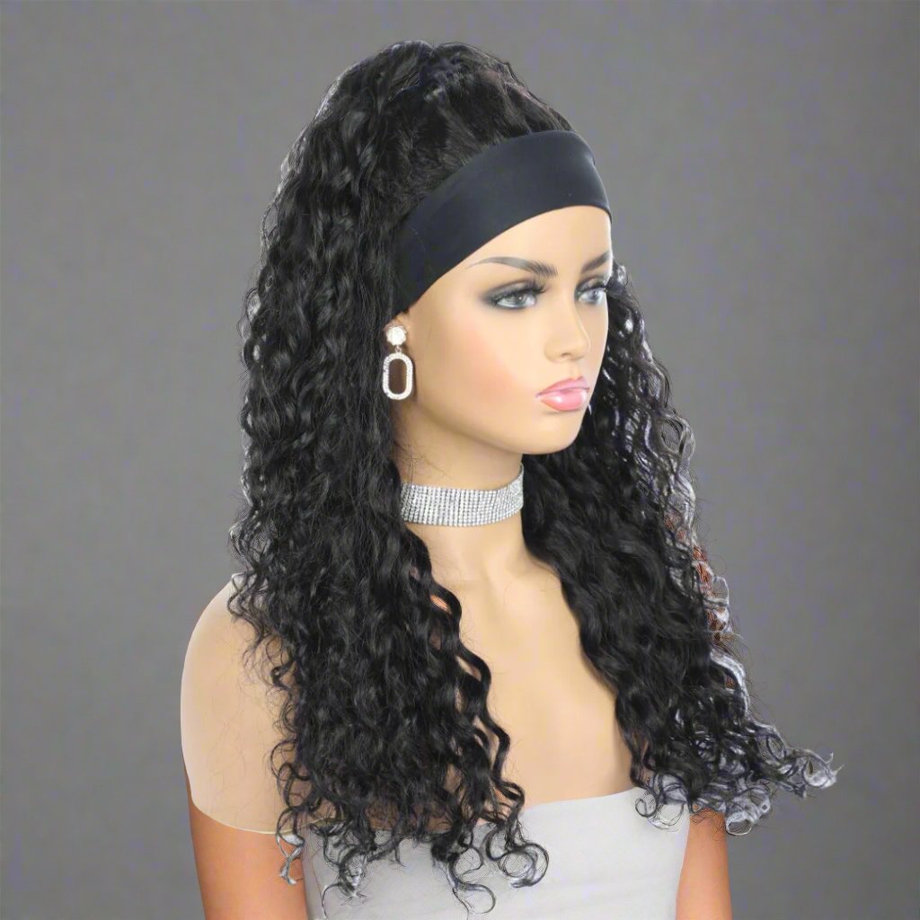 Headband Wig Water Wave Human Hair Scarf Wig No GLUE Easy Wear