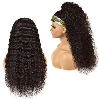 Headband Wig Deep Wave Human Hair Scarf Wig No GLUE Easy Wear