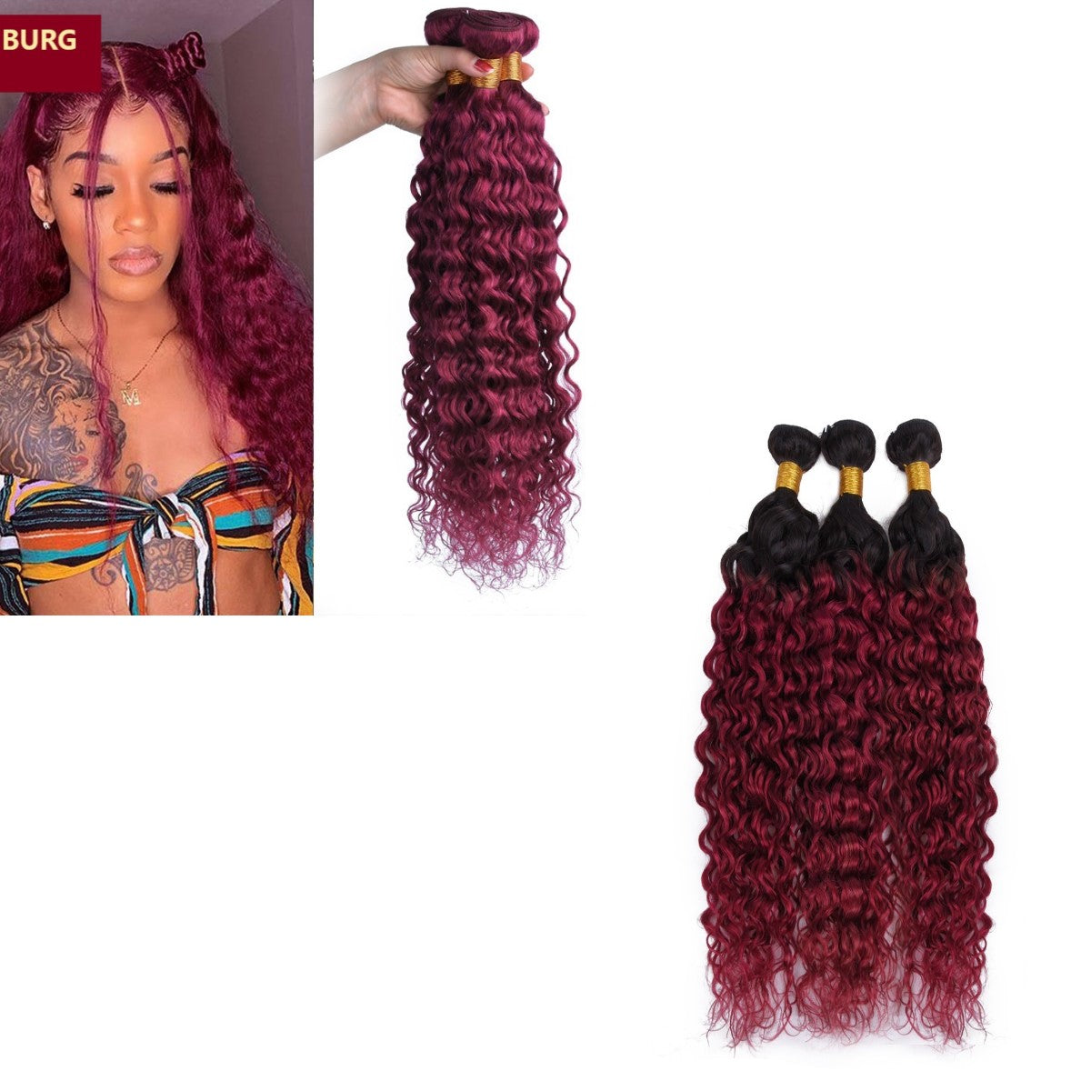 Burg 10A Grade Water Wave #1B/Burgundy BUNDLES with CLOSURES & FRONTAL