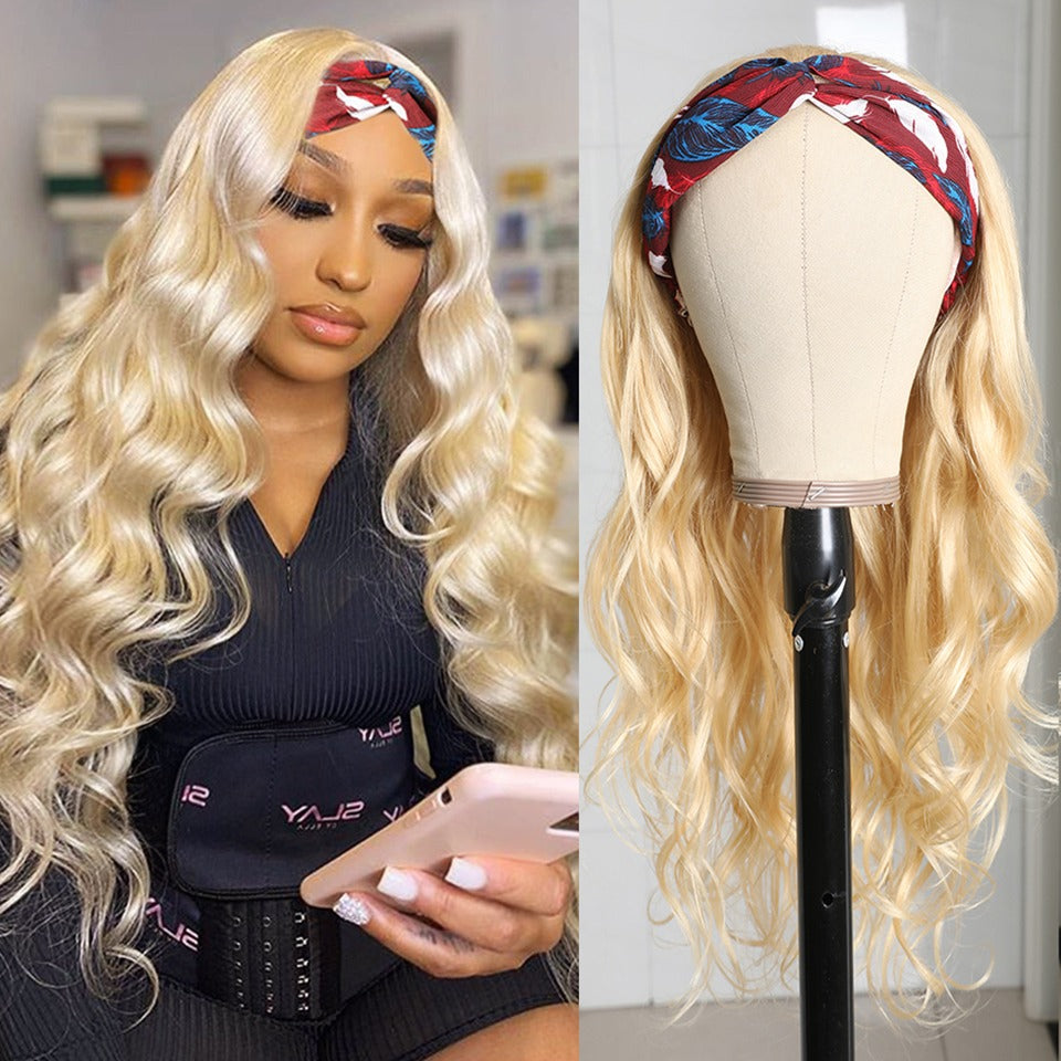 Body Wave #1B/613 Headband Human Hair Wigs For Black Women Blonde Scar