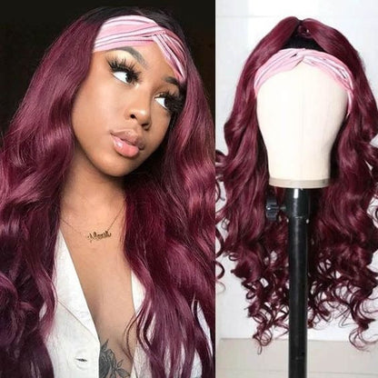 Burgundy Headband Body Wave Human Hair Wig #99J  Scarf Wig No GLUE Eas